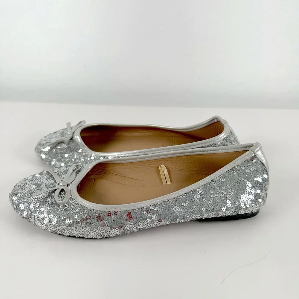 Kids‎ Girls Silver Sequin Ballet Flats Sparkle Bow Party Shoes Size 7/8